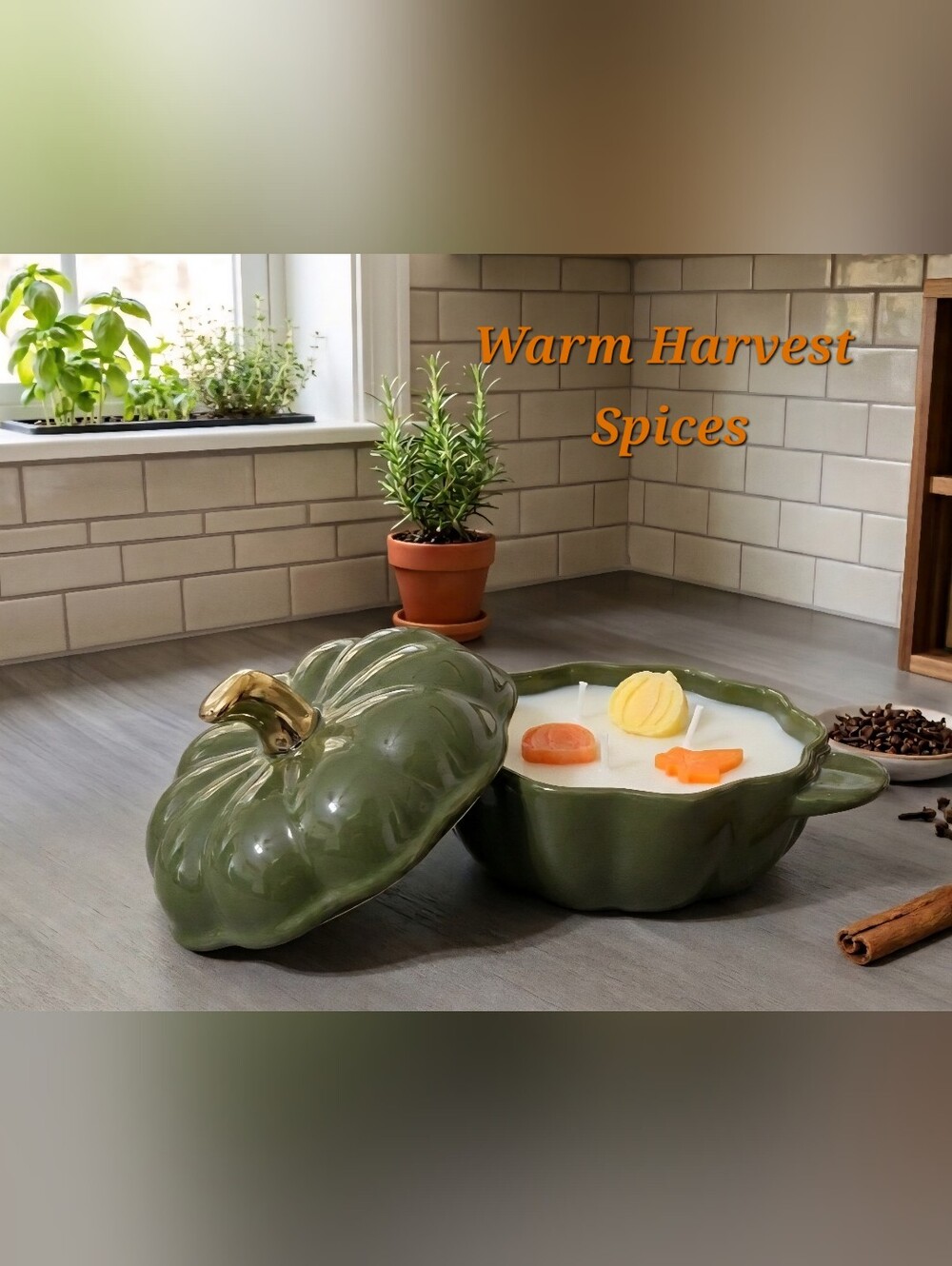 Ceramic Pumpkin w/ Lid and Gold Stem 100% Soy Candle